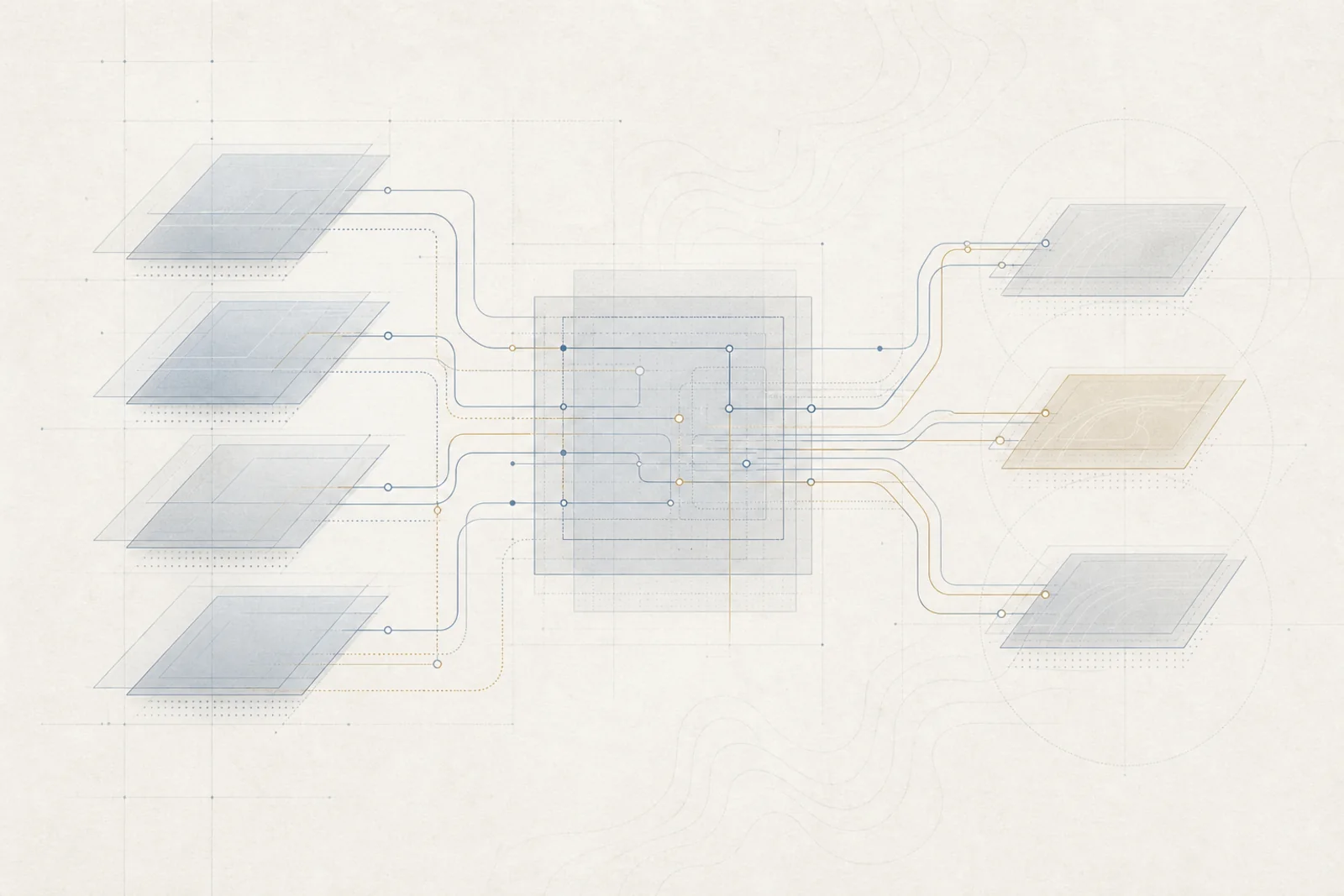 Abstract systems topology showing modular plates connected through a central routing surface